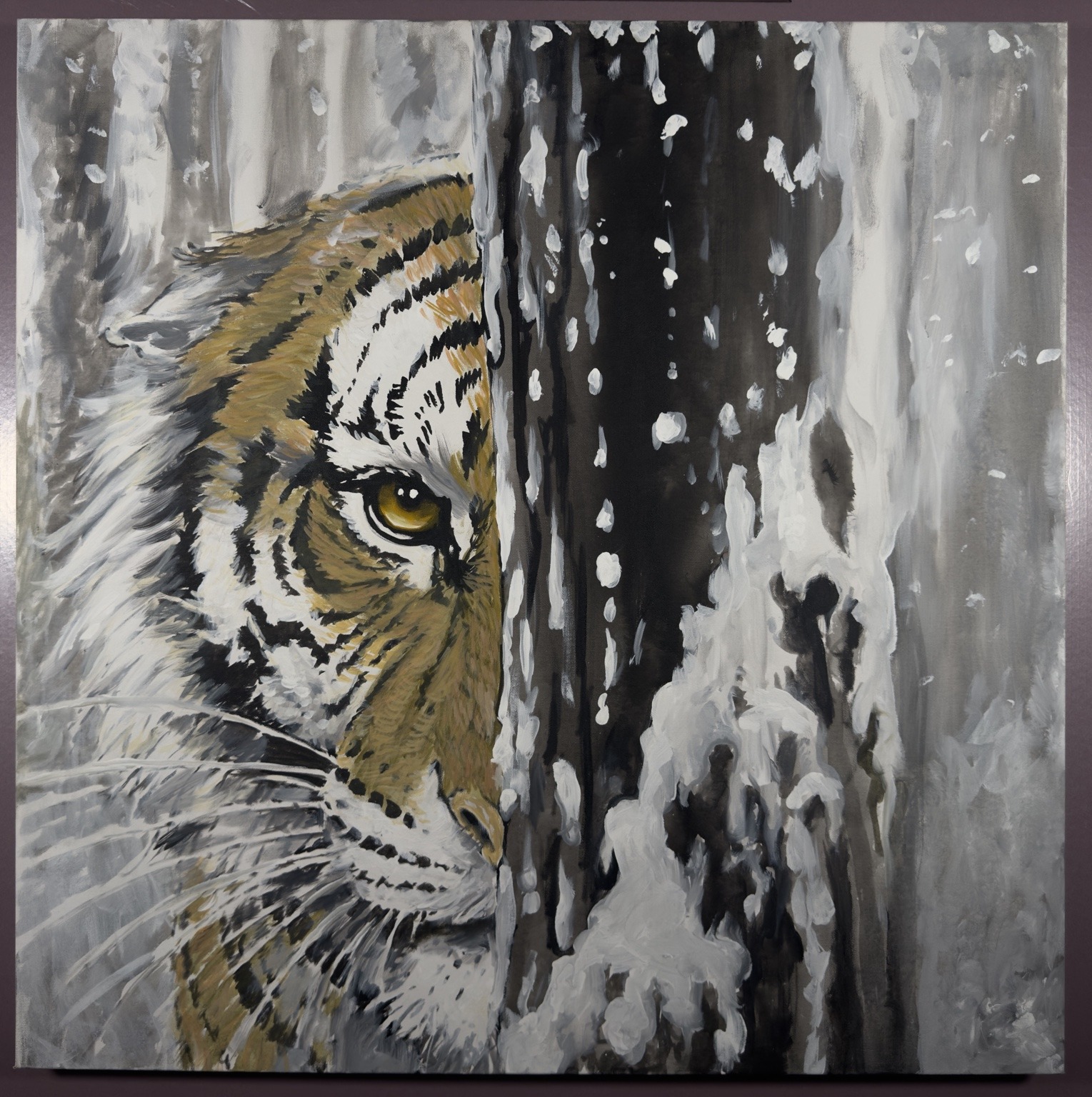 Painted tiger watching from behind a snow-covered tree, from the Tiger and Snowflake series by LMNOZ