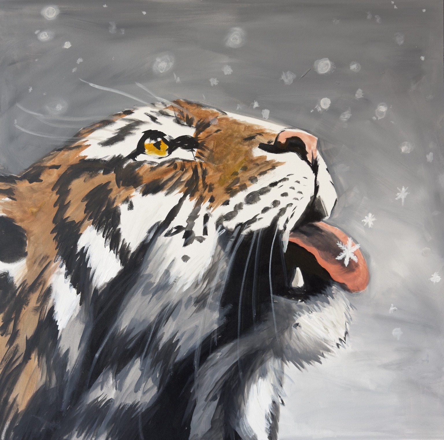 Painted tiger catching a snowflake, from the Tiger and Snowflake series by LMNOZ