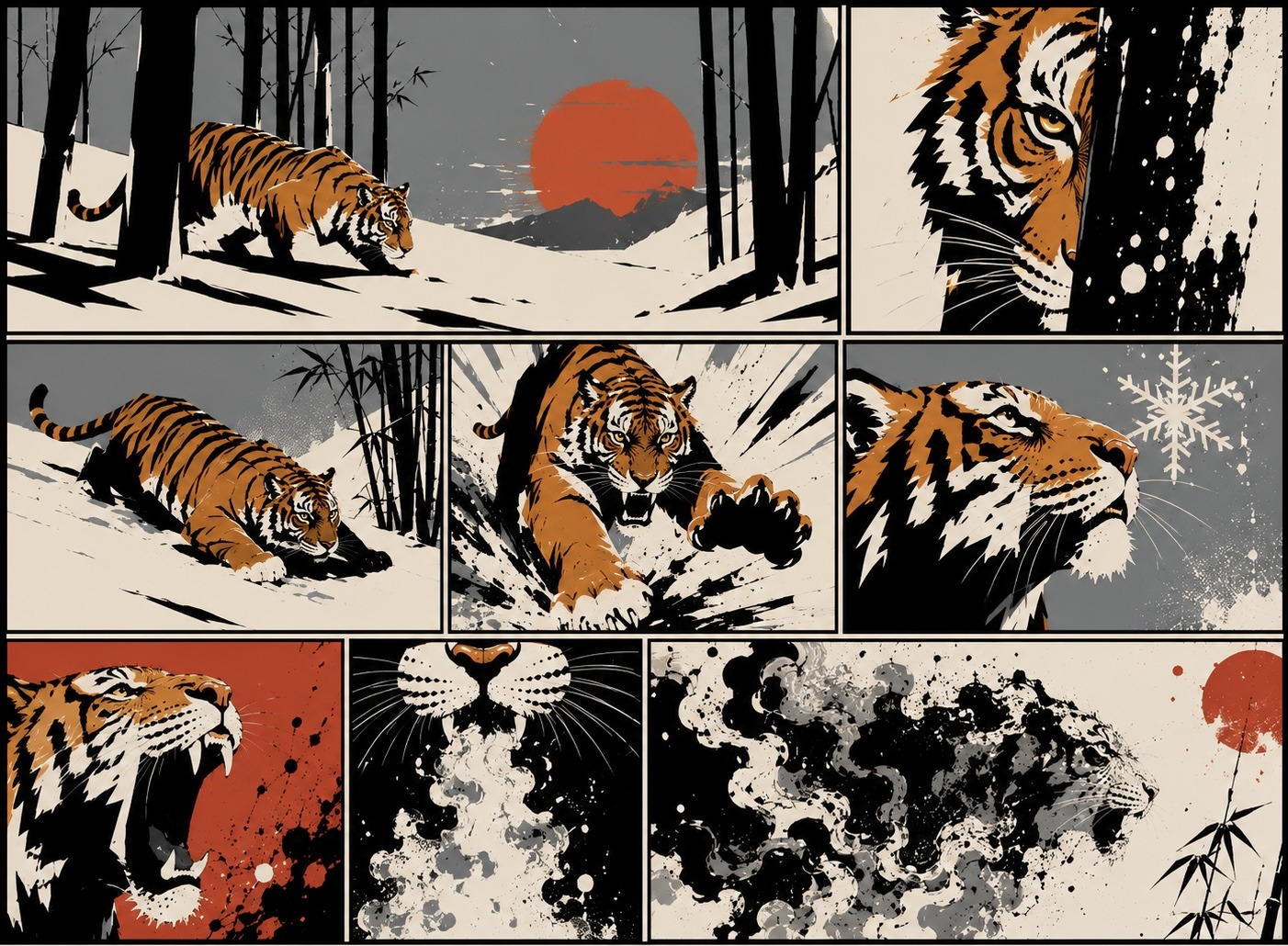 Seven-panel Tiger and Snowflake mural by LMNOZ